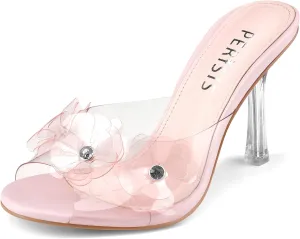 Women's Clear Strap High Kitten Transparent Heel Black Red Floral Heels Sexy Slip On Round Open Peep Toe Rhinestone Mules Slide Sandals Summer Backless Party Prom Dress Shoes 3 Inch