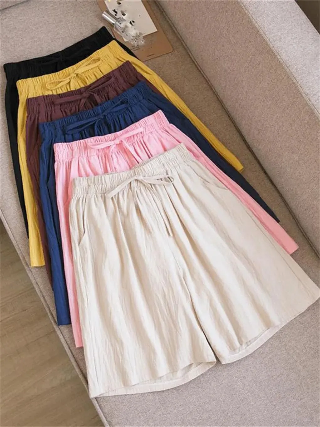 Women's Cotton Casual Solid Color Double Pocket Shorts Drawstring High Waist Loose Shorts