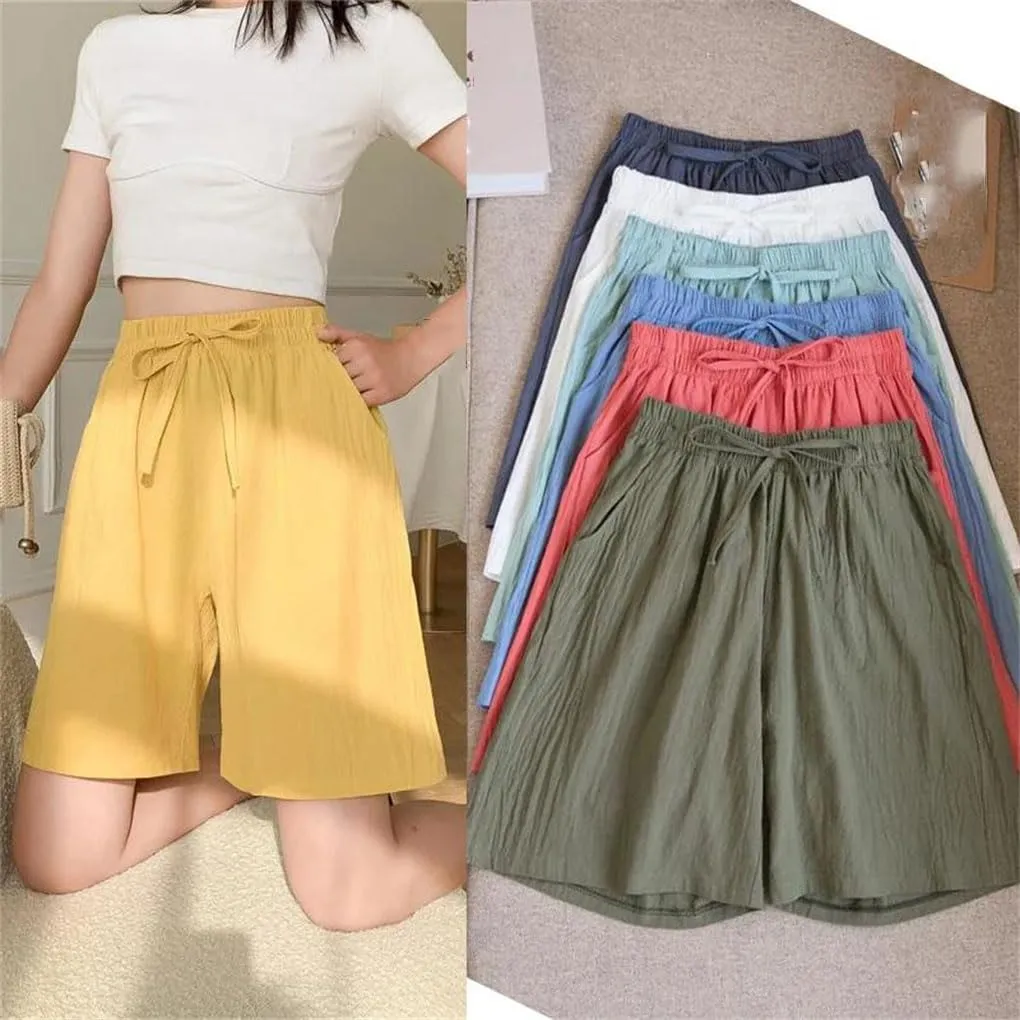 Women's Cotton Casual Solid Color Double Pocket Shorts Drawstring High Waist Loose Shorts
