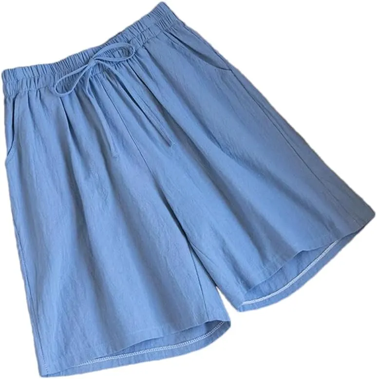 Women's Cotton Casual Solid Color Double Pocket Shorts Drawstring High Waist Loose Shorts