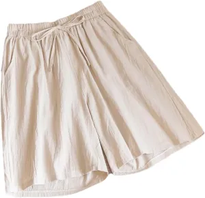 Women's Cotton Casual Solid Color Double Pocket Shorts Drawstring High Waist Loose Shorts