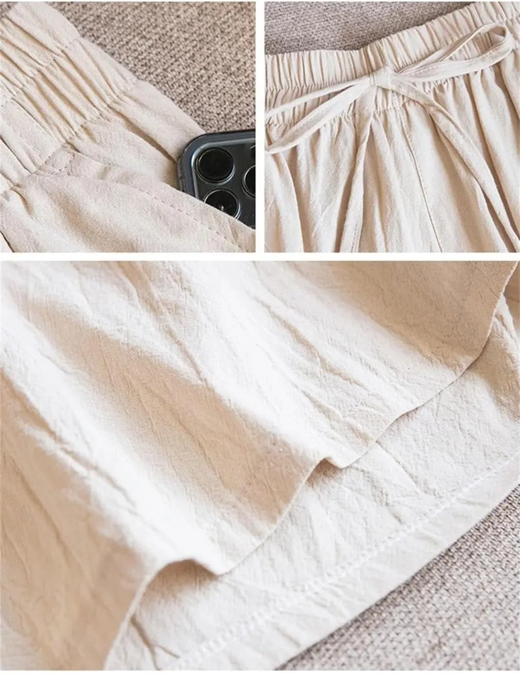 Women's Cotton Casual Solid Color Double Pocket Shorts Drawstring High Waist Loose Shorts
