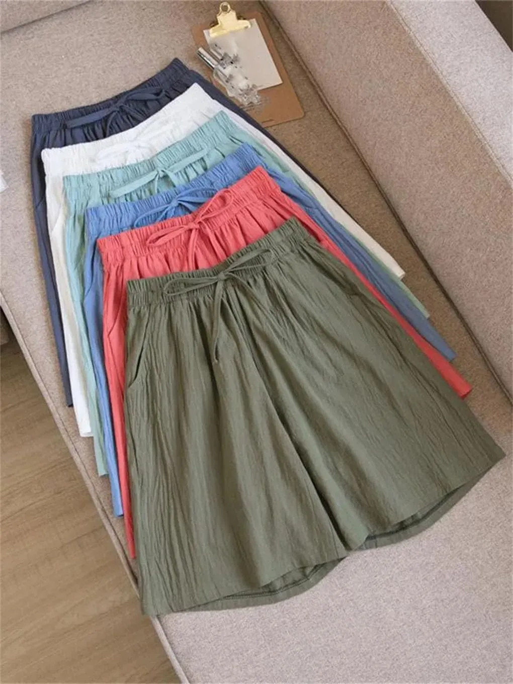 Women's Cotton Casual Solid Color Double Pocket Shorts Drawstring High Waist Loose Shorts