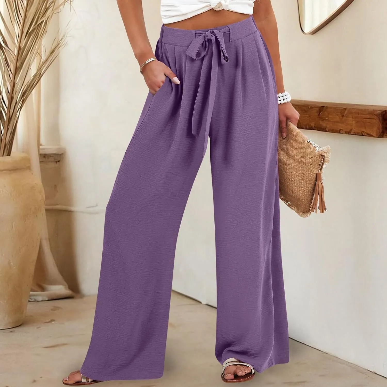 Womens Cotton Linen Pant Palazzo Pants High Waist Wide Leg 2025 Beach Travel Vacation Trousers with Pocket
