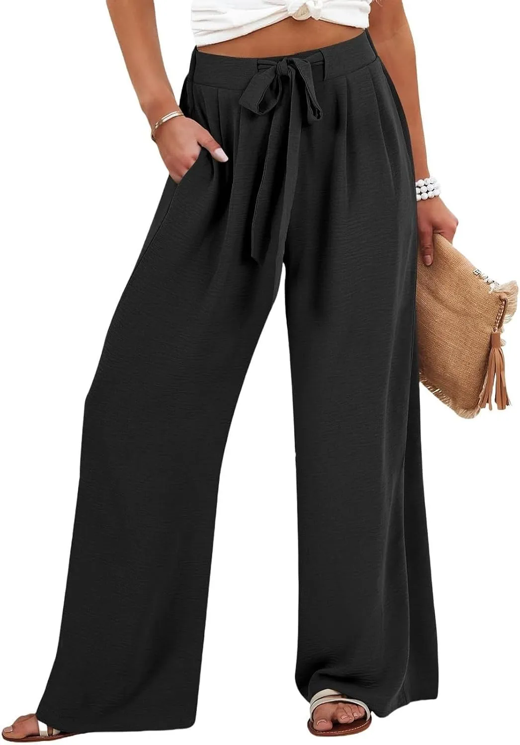 Womens Cotton Linen Pant Palazzo Pants High Waist Wide Leg 2025 Beach Travel Vacation Trousers with Pocket