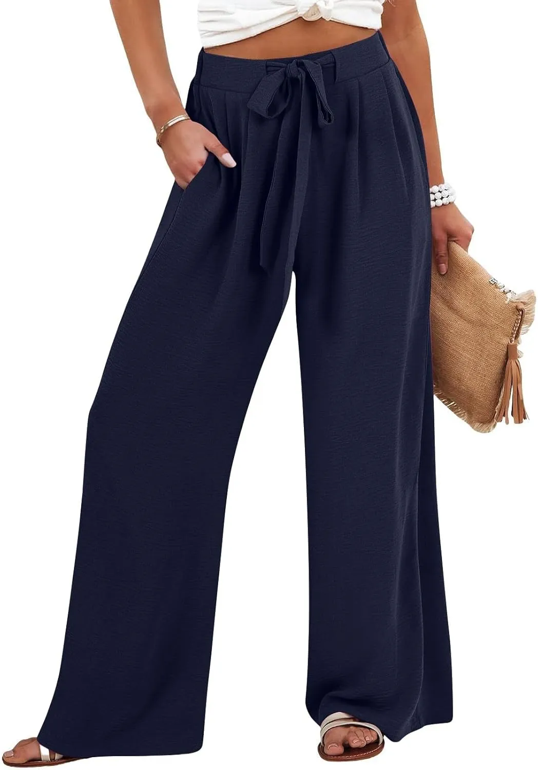 Womens Cotton Linen Pant Palazzo Pants High Waist Wide Leg 2025 Beach Travel Vacation Trousers with Pocket