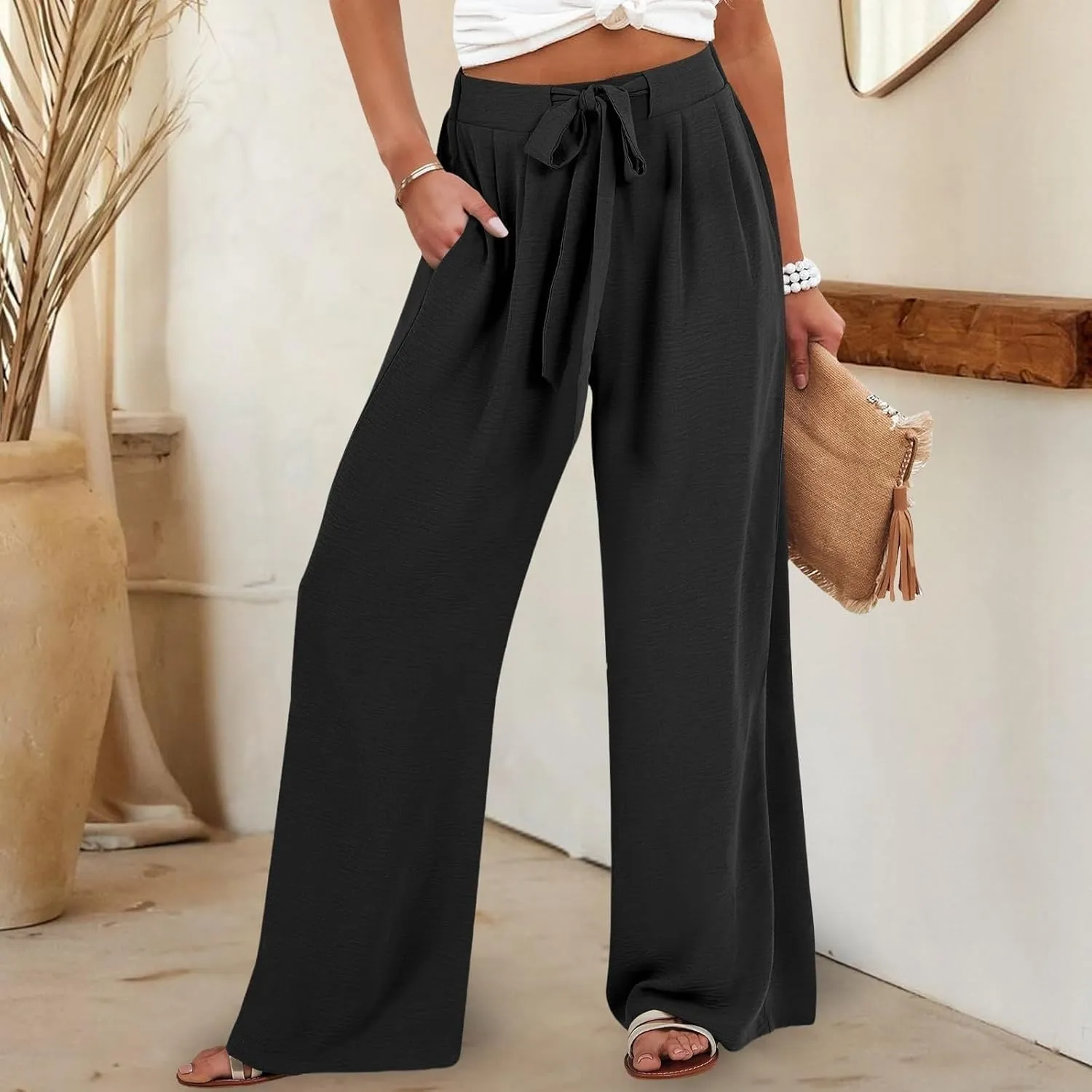 Womens Cotton Linen Pant Palazzo Pants High Waist Wide Leg 2025 Beach Travel Vacation Trousers with Pocket