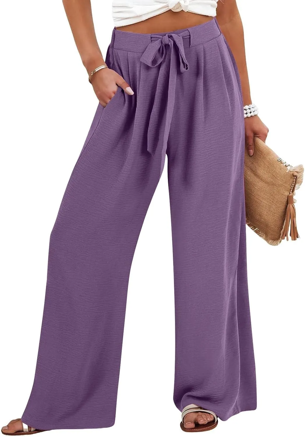 Womens Cotton Linen Pant Palazzo Pants High Waist Wide Leg 2025 Beach Travel Vacation Trousers with Pocket