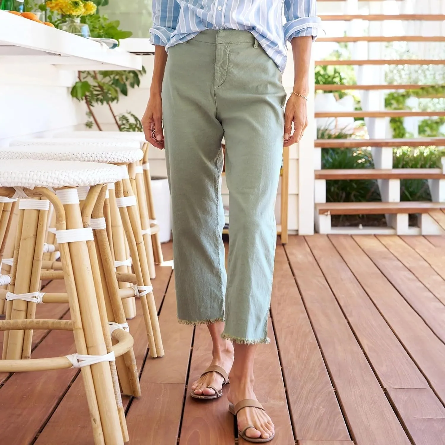 Womens Cropped Linen Work Pants High Waisted Pull On Trousers with Pockets Straight Leg Capri Lounge Pants