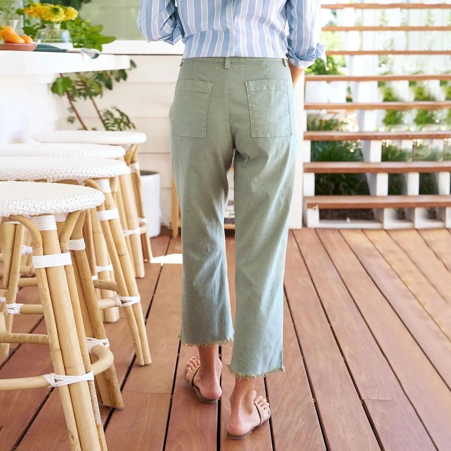 Womens Cropped Linen Work Pants High Waisted Pull On Trousers with Pockets Straight Leg Capri Lounge Pants