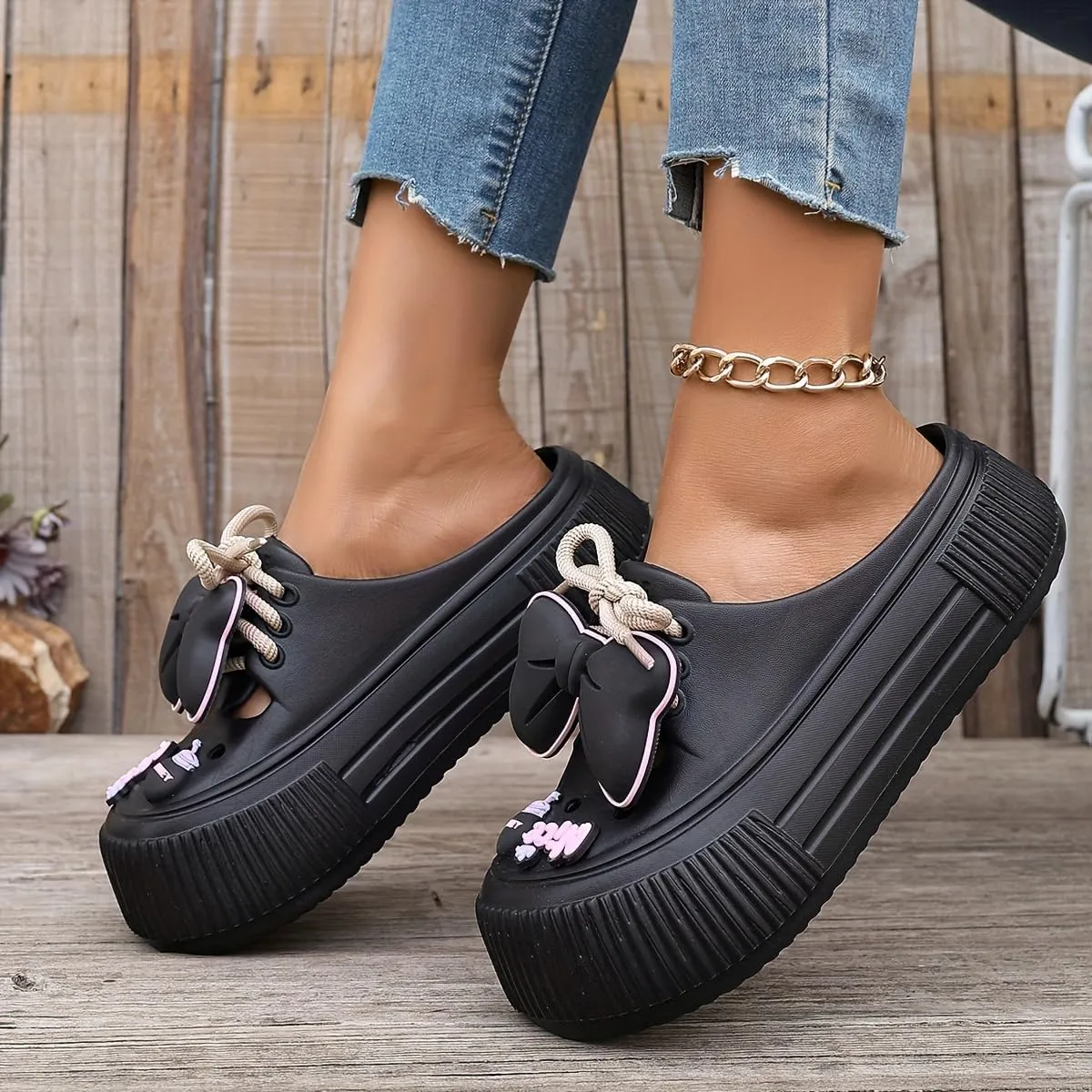Women's Cute Clogs, Platform Lace Up Soft Sole Bowknot Decor Shoes, Closed Toe Summer Beach & Garden Mules
