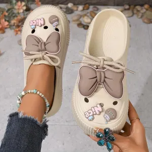 Women's Cute Clogs, Platform Lace Up Soft Sole Bowknot Decor Shoes, Closed Toe Summer Beach & Garden Mules