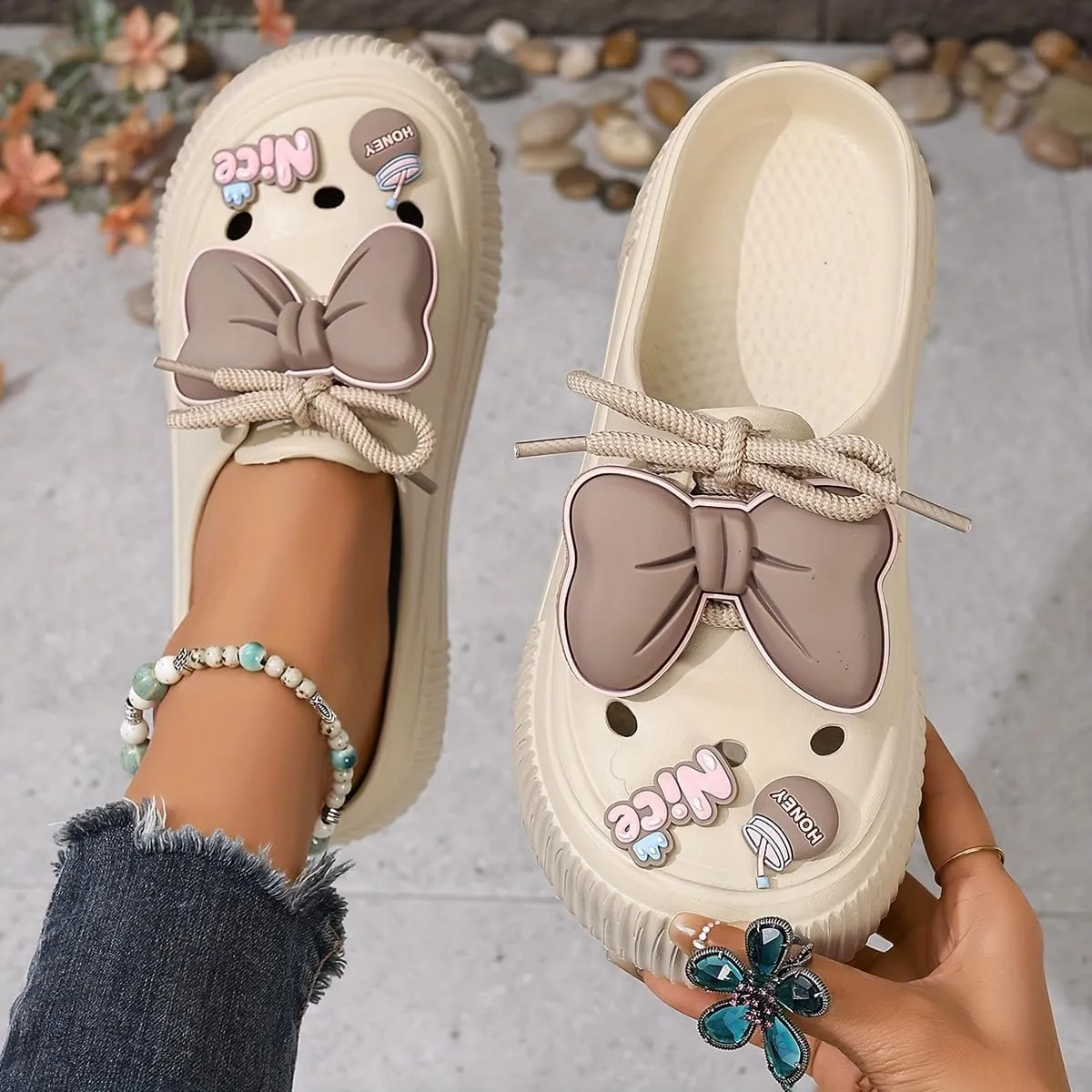 Women's Cute Clogs, Platform Lace Up Soft Sole Bowknot Decor Shoes, Closed Toe Summer Beach & Garden Mules