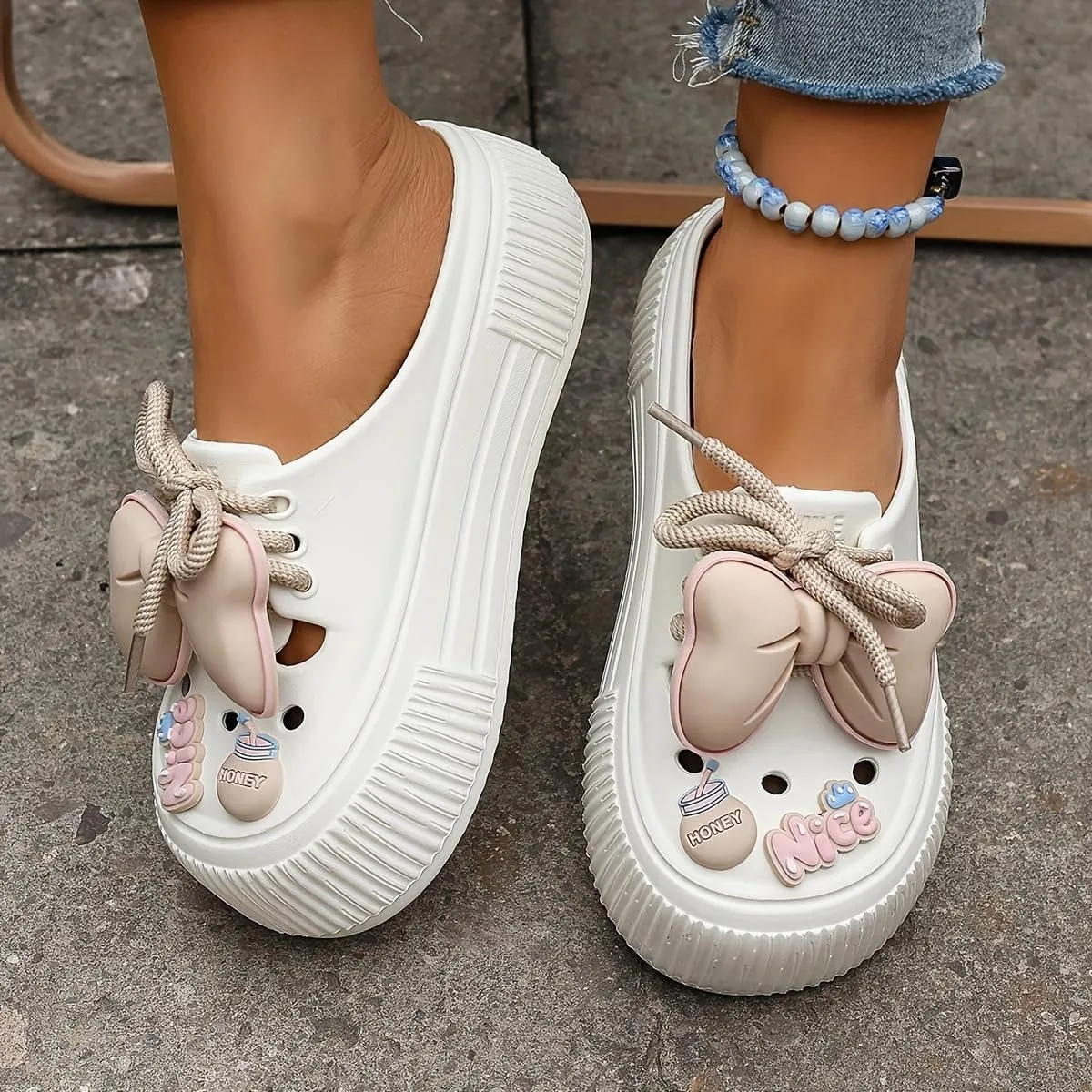 Women's Cute Clogs, Platform Lace Up Soft Sole Bowknot Decor Shoes, Closed Toe Summer Beach & Garden Mules