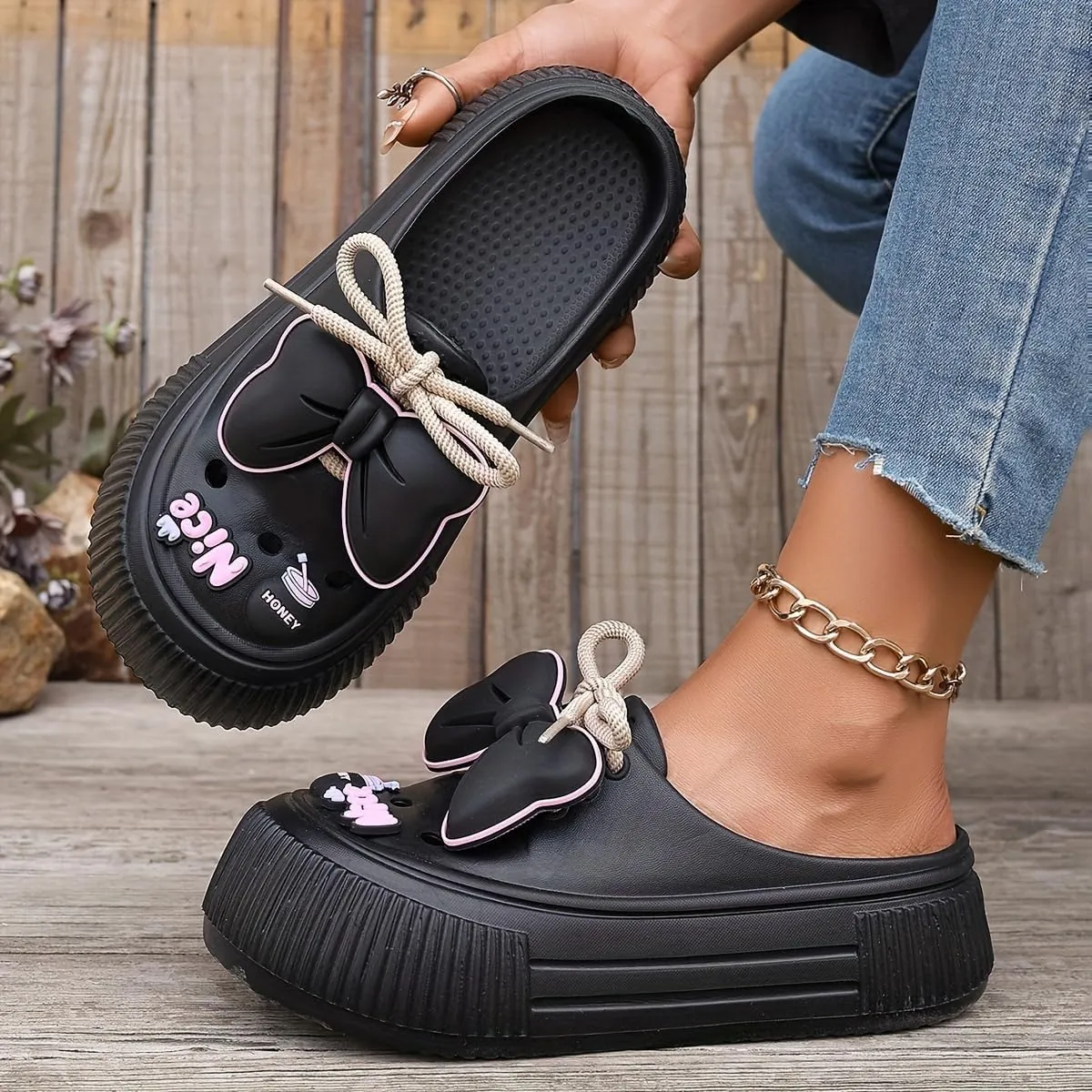 Women's Cute Clogs, Platform Lace Up Soft Sole Bowknot Decor Shoes, Closed Toe Summer Beach & Garden Mules