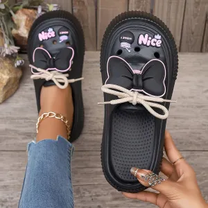 Women's Cute Clogs, Platform Lace Up Soft Sole Bowknot Decor Shoes, Closed Toe Summer Beach & Garden Mules