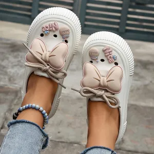 Women's Cute Clogs, Platform Lace Up Soft Sole Bowknot Decor Shoes, Closed Toe Summer Beach & Garden Mules