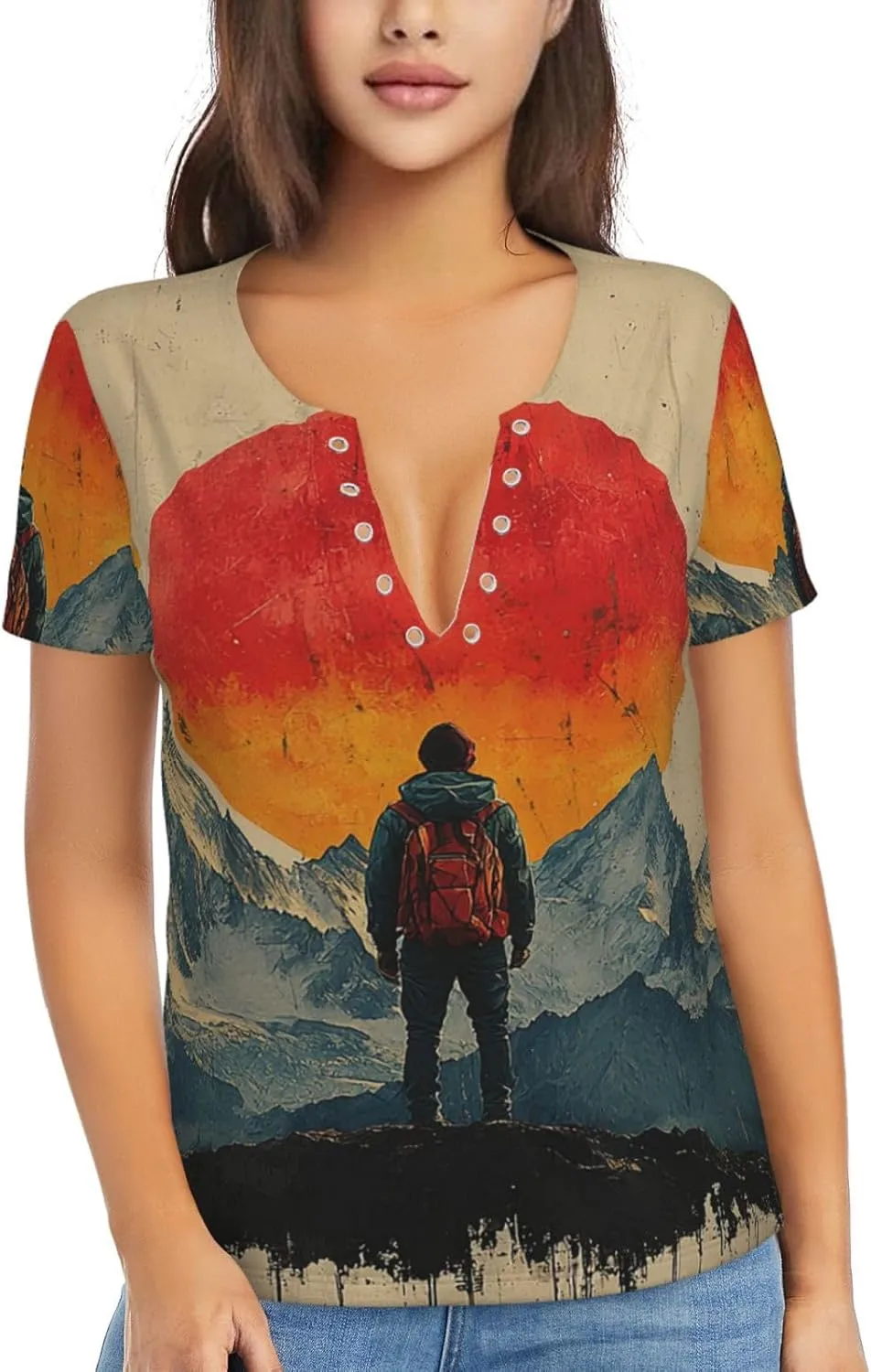 Womens Deep V Neck T Shirts Summer Casual Short Sleeve Tops, Adventure Awaits Mountains