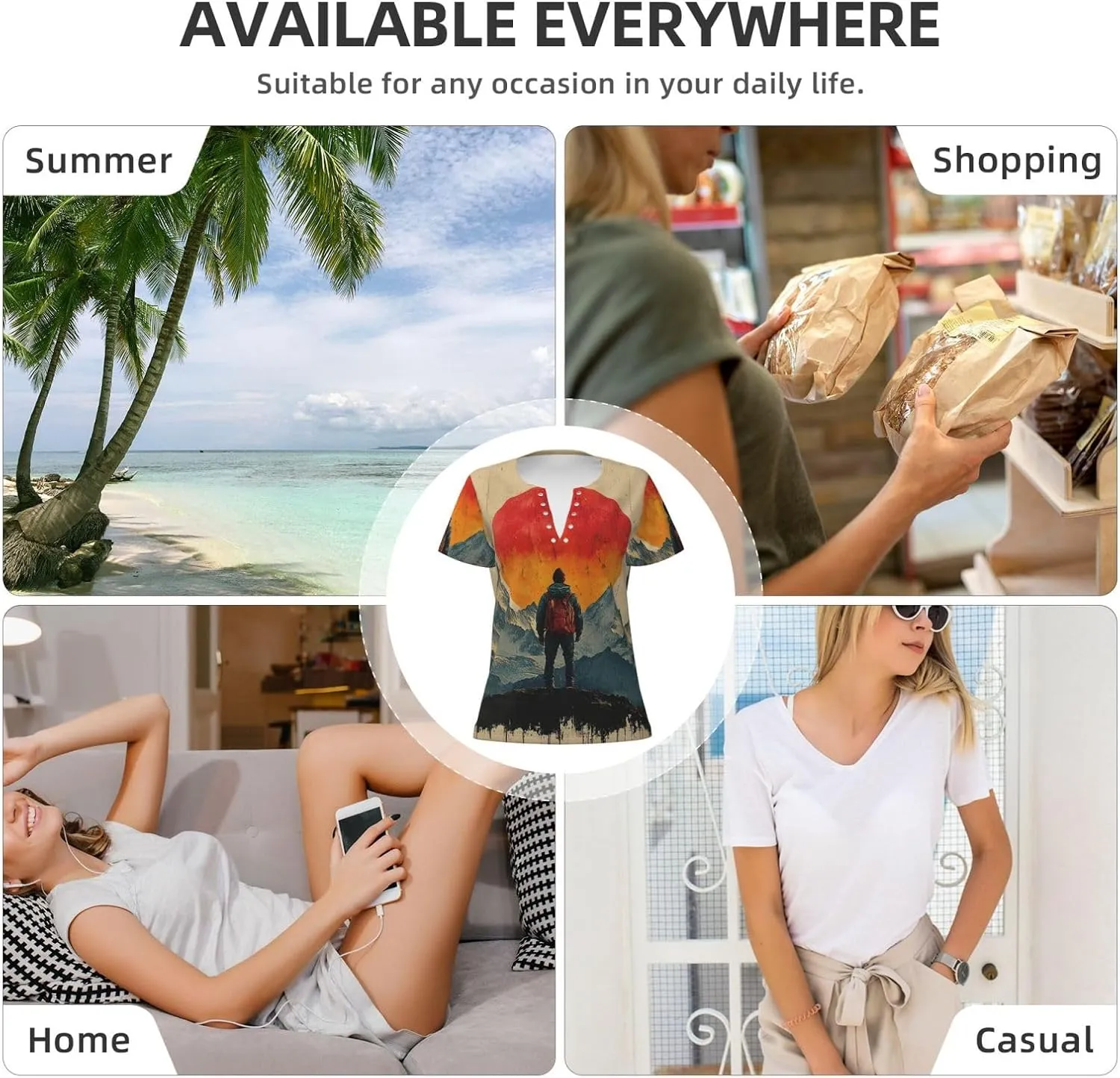 Womens Deep V Neck T Shirts Summer Casual Short Sleeve Tops, Adventure Awaits Mountains