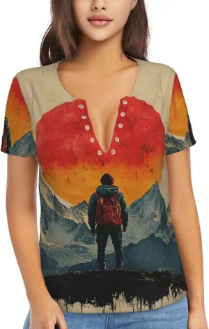 Womens Deep V Neck T Shirts Summer Casual Short Sleeve Tops, Adventure Awaits Mountains