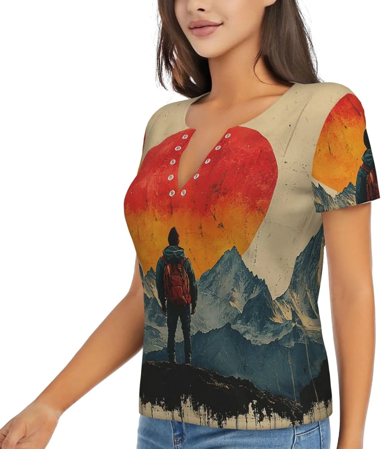 Womens Deep V Neck T Shirts Summer Casual Short Sleeve Tops, Adventure Awaits Mountains