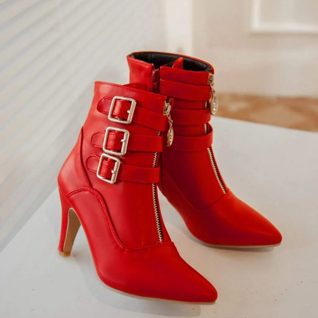 Women's Fashion Buckle Strappy Ankle Boots Pointy Toe Zipper Stiletto Kitten Heel Dress Short Booties