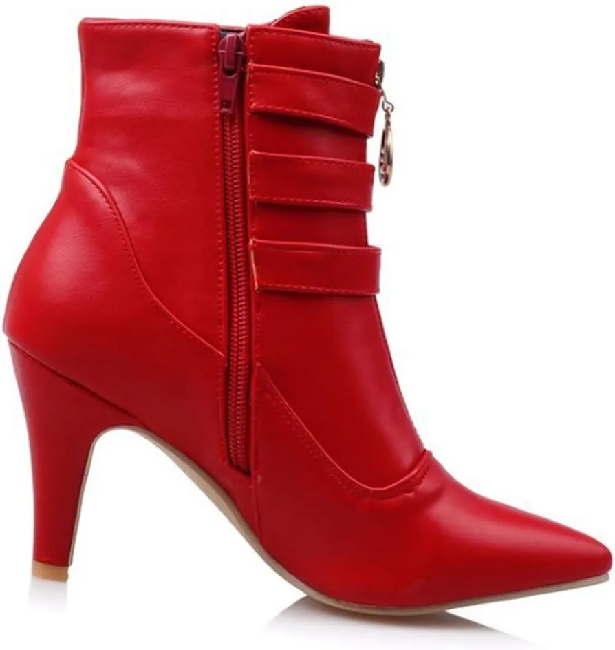 Women's Fashion Buckle Strappy Ankle Boots Pointy Toe Zipper Stiletto Kitten Heel Dress Short Booties