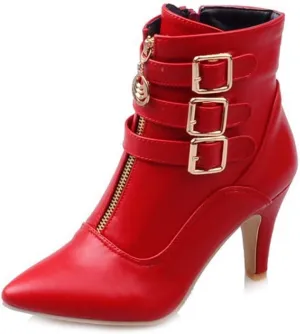 Women's Fashion Buckle Strappy Ankle Boots Pointy Toe Zipper Stiletto Kitten Heel Dress Short Booties