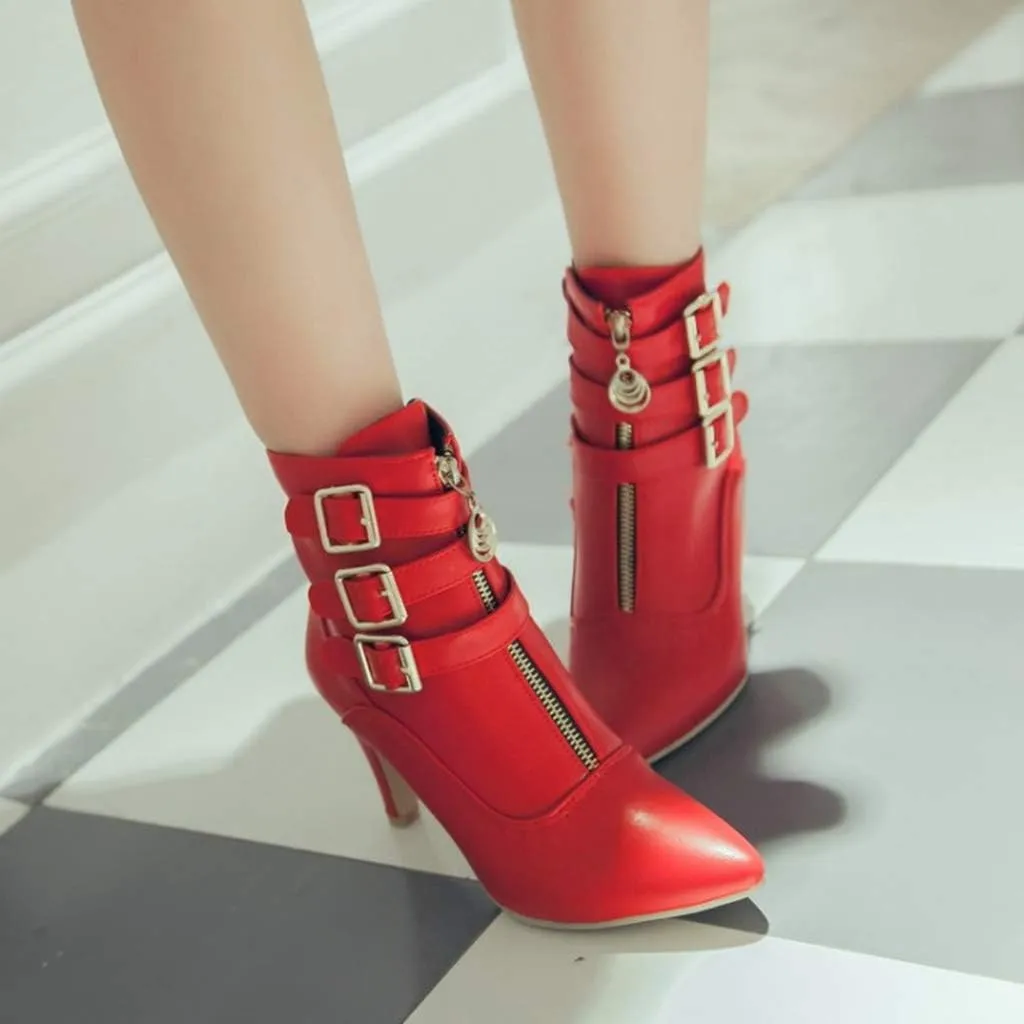 Women's Fashion Buckle Strappy Ankle Boots Pointy Toe Zipper Stiletto Kitten Heel Dress Short Booties