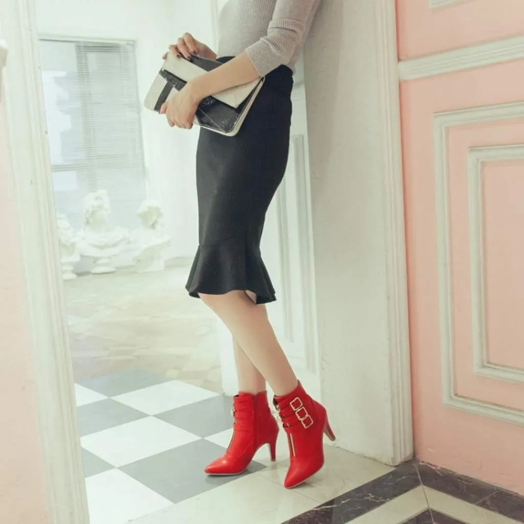 Women's Fashion Buckle Strappy Ankle Boots Pointy Toe Zipper Stiletto Kitten Heel Dress Short Booties