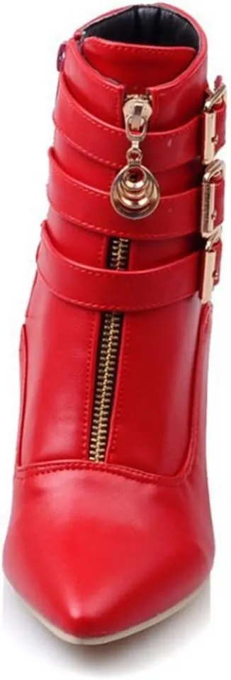 Women's Fashion Buckle Strappy Ankle Boots Pointy Toe Zipper Stiletto Kitten Heel Dress Short Booties