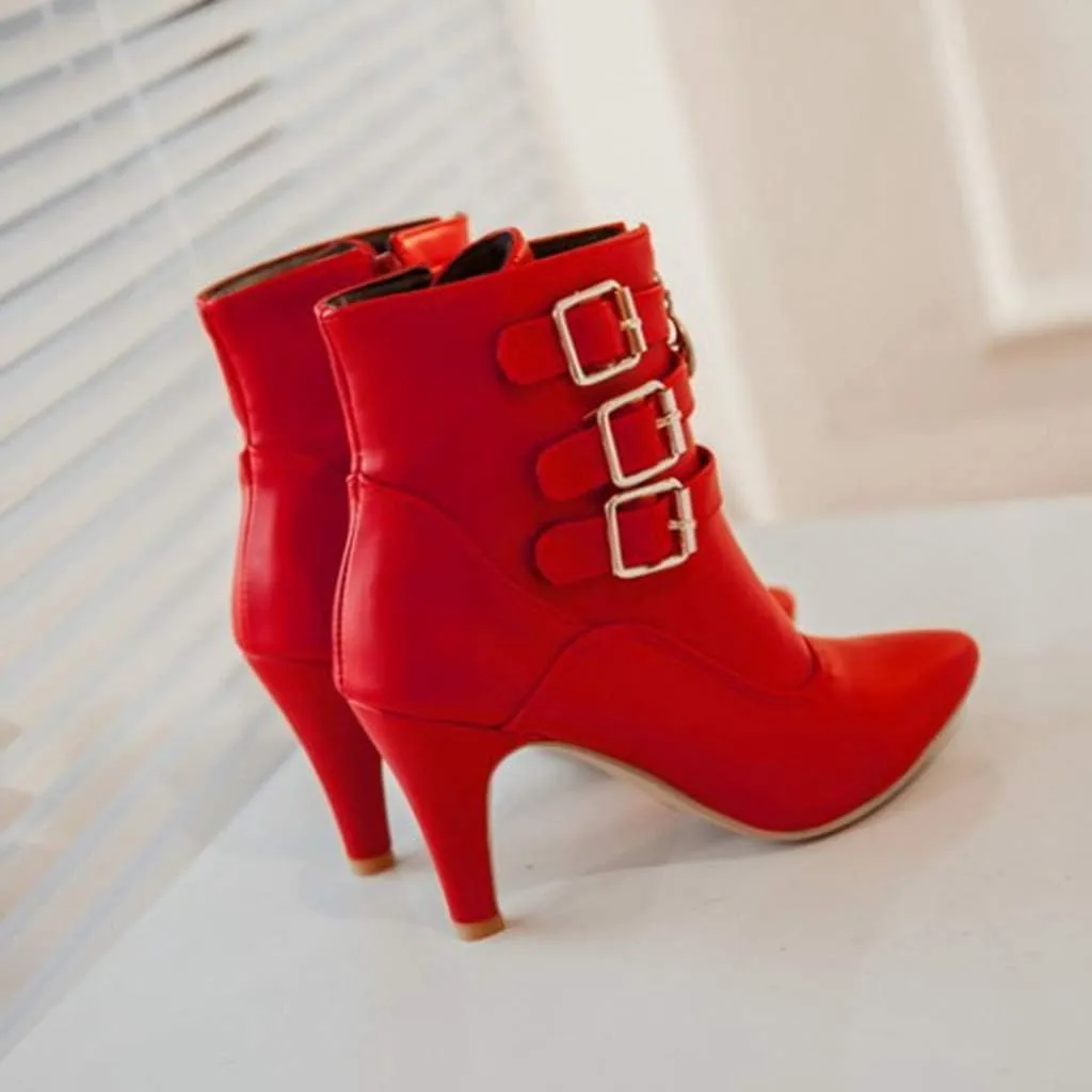 Women's Fashion Buckle Strappy Ankle Boots Pointy Toe Zipper Stiletto Kitten Heel Dress Short Booties