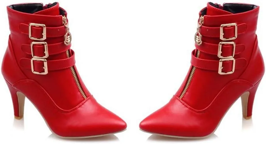 Women's Fashion Buckle Strappy Ankle Boots Pointy Toe Zipper Stiletto Kitten Heel Dress Short Booties