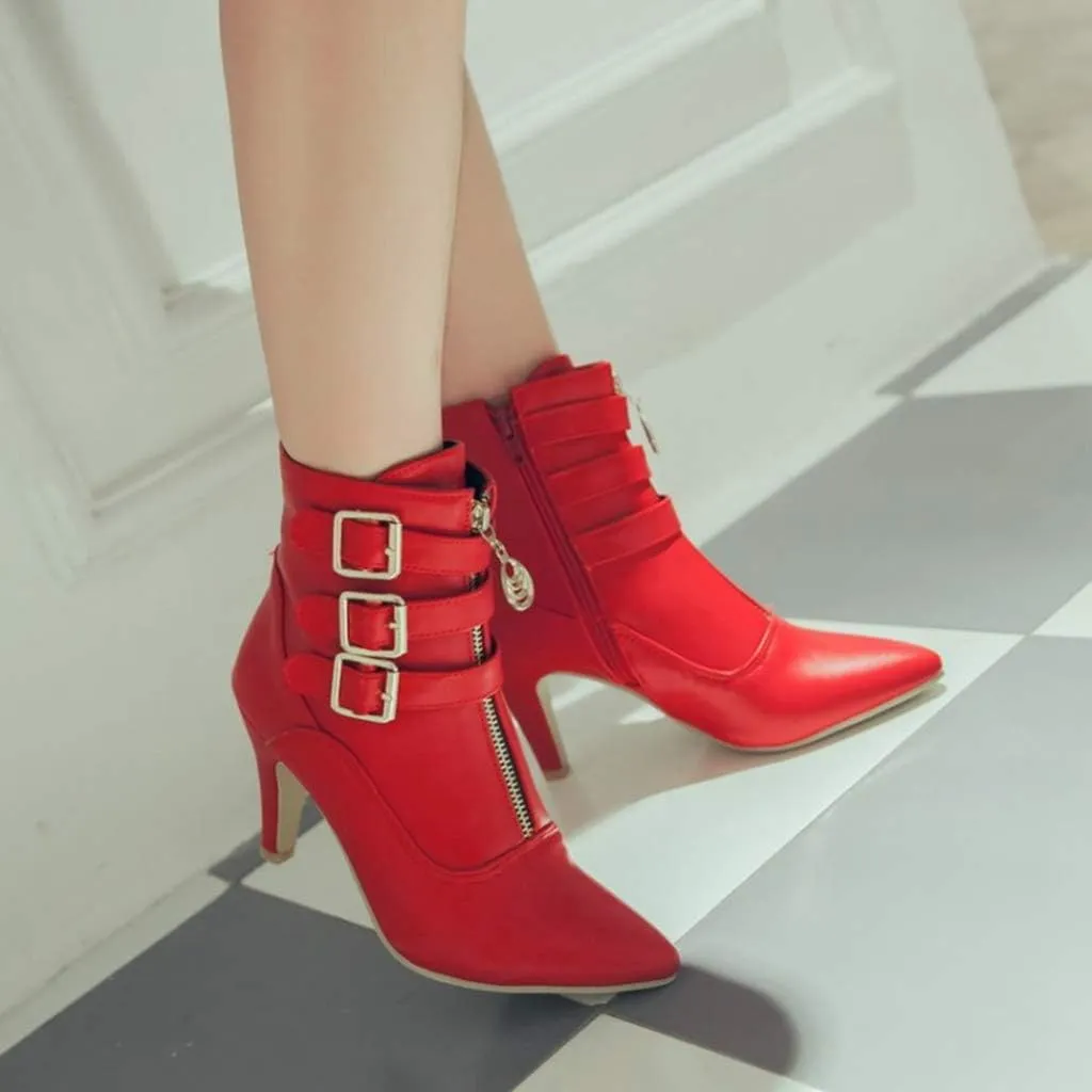 Women's Fashion Buckle Strappy Ankle Boots Pointy Toe Zipper Stiletto Kitten Heel Dress Short Booties