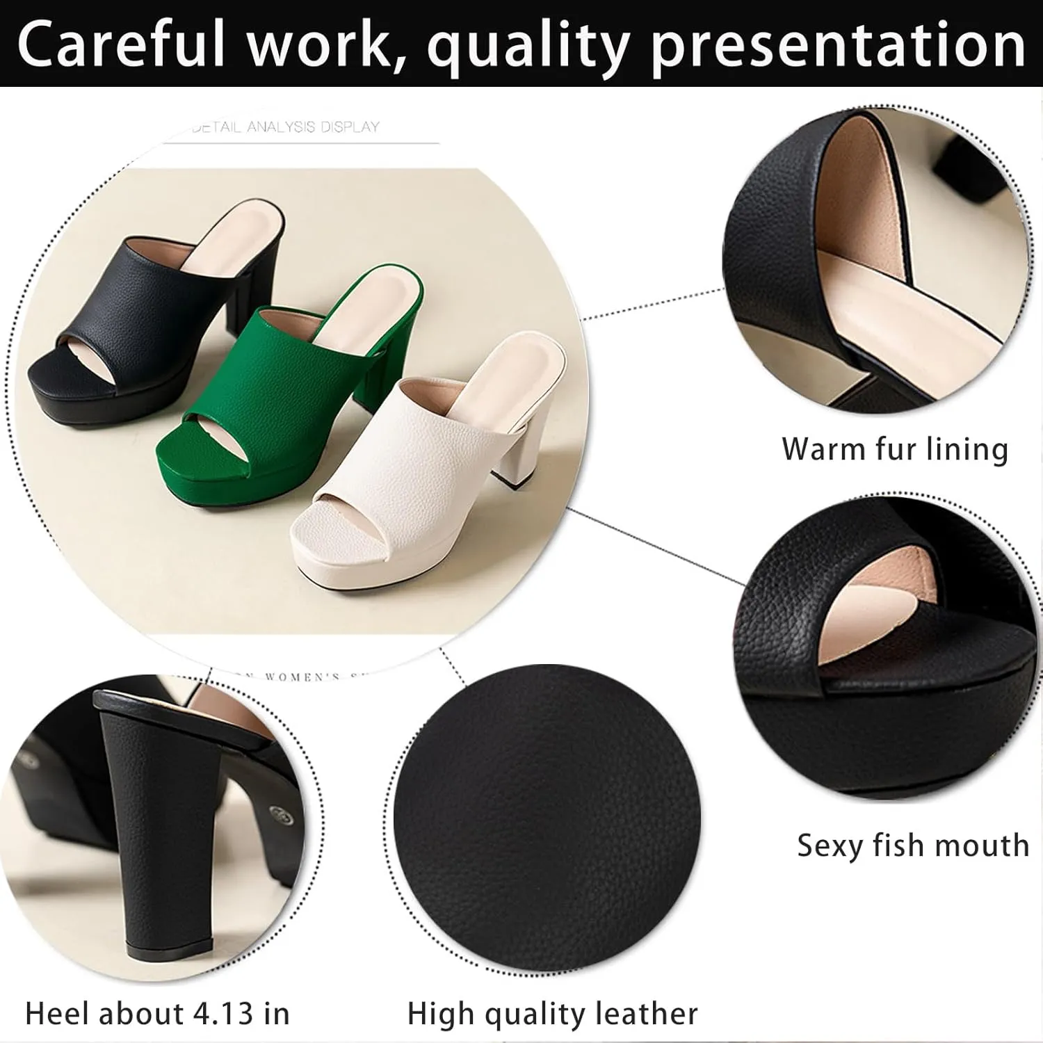 Women's Fashion Fish Mouth Platform Chunky Heel Sandals Comfort Slip On Round Open Toe Heel Mules Summer Dress Party Heeled Slippers
