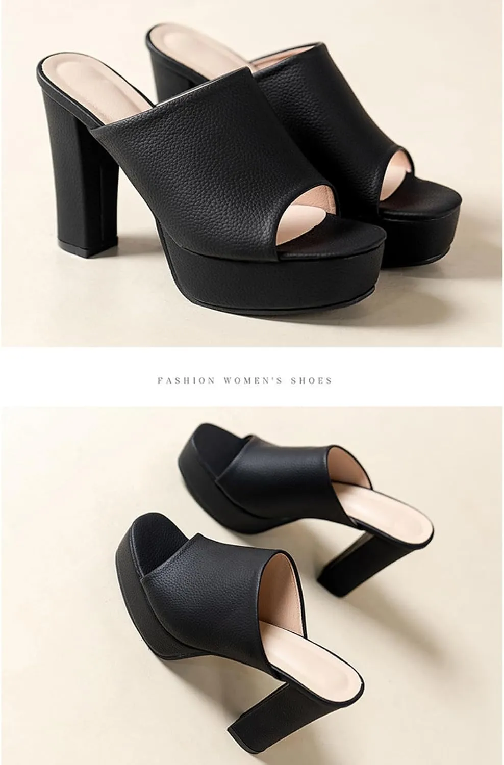 Women's Fashion Fish Mouth Platform Chunky Heel Sandals Comfort Slip On Round Open Toe Heel Mules Summer Dress Party Heeled Slippers