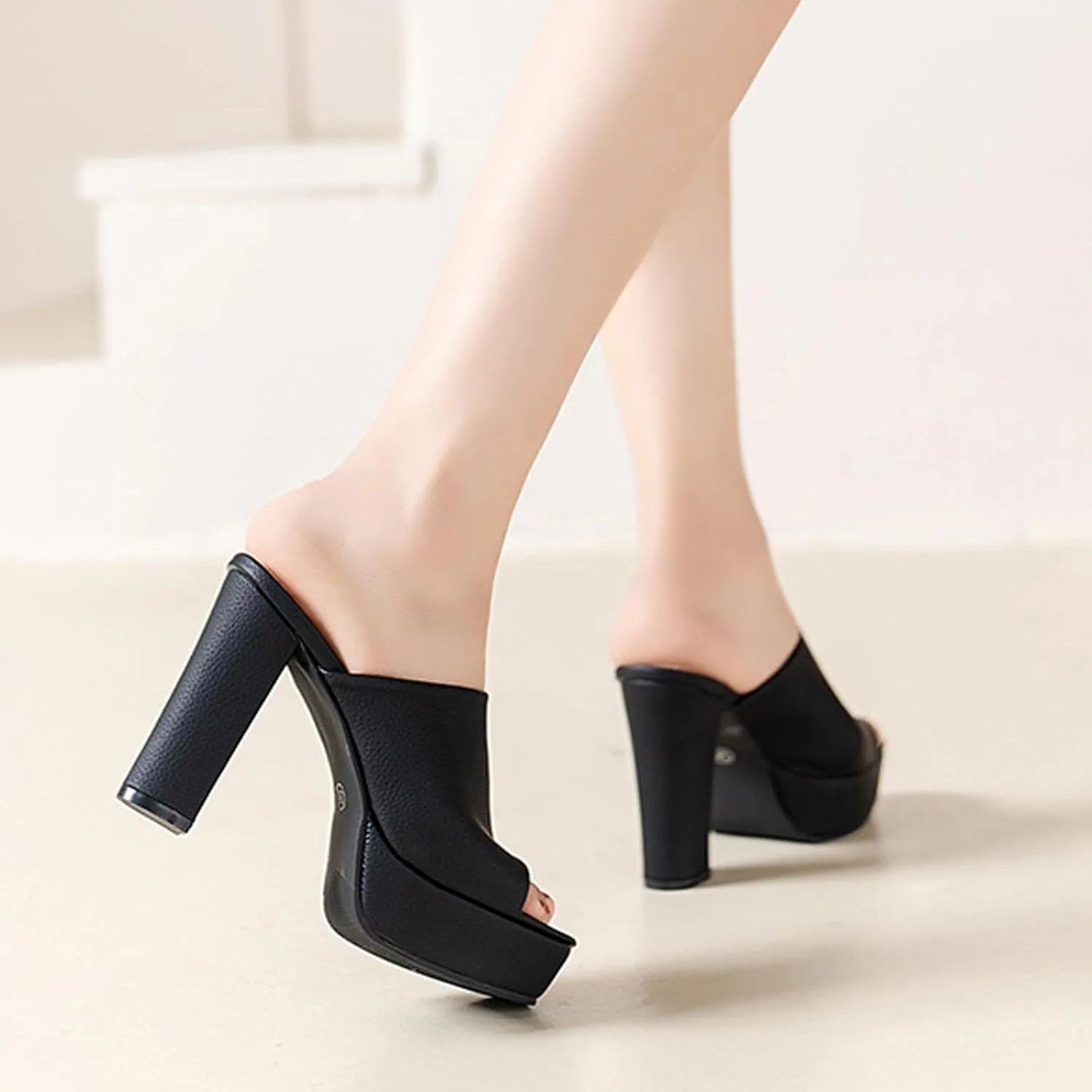 Women's Fashion Fish Mouth Platform Chunky Heel Sandals Comfort Slip On Round Open Toe Heel Mules Summer Dress Party Heeled Slippers