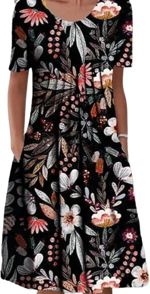 Womens Floral Print Summer Dresses Casual Plus Size Short Sleeve Knee Length Classy Beach Tropical Dress with Pocket