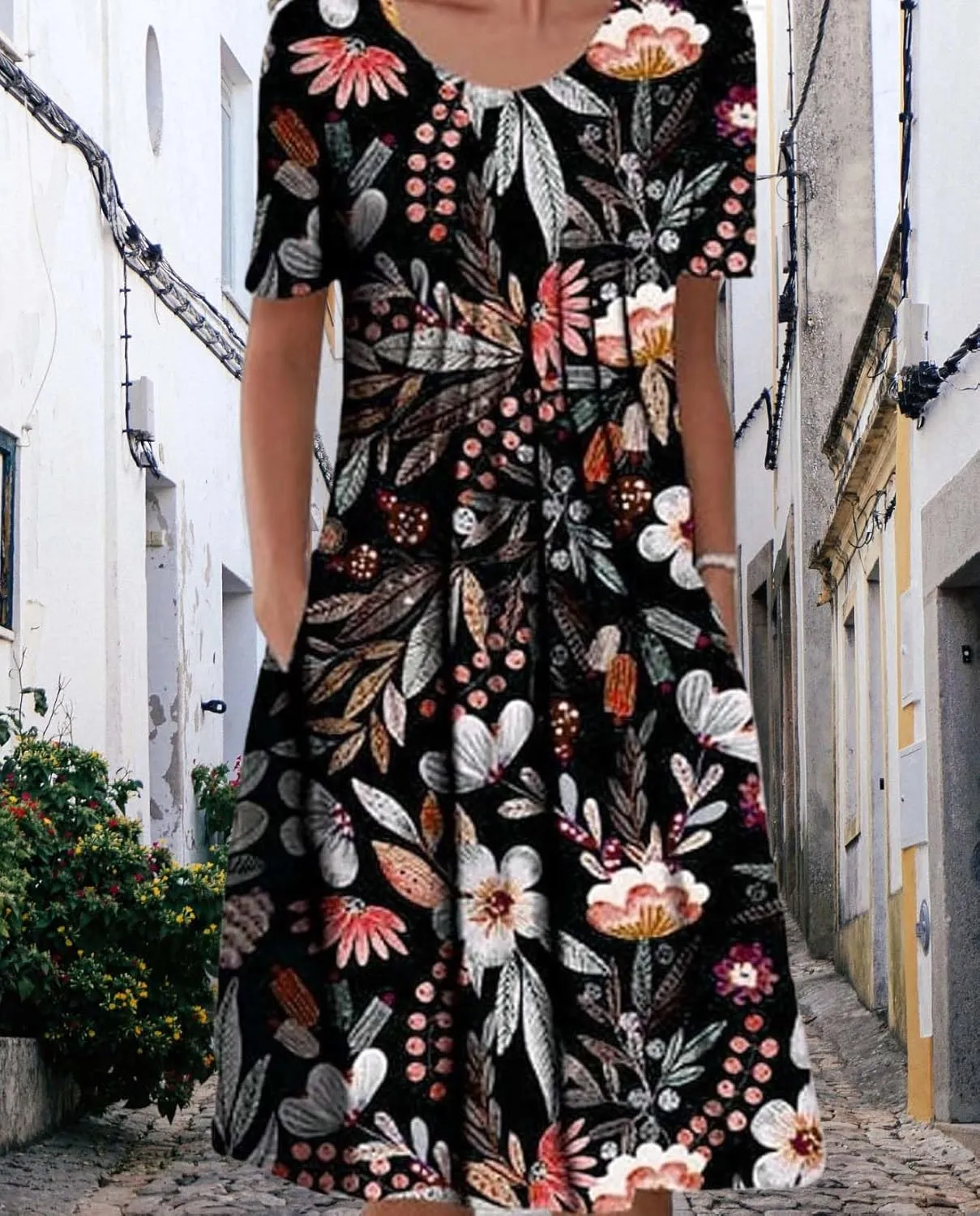 Womens Floral Print Summer Dresses Casual Plus Size Short Sleeve Knee Length Classy Beach Tropical Dress with Pocket
