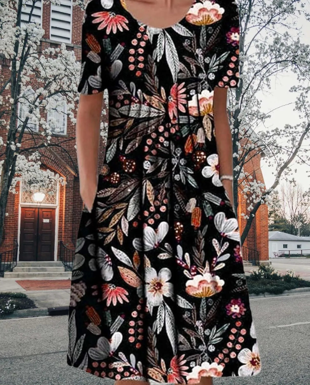 Womens Floral Print Summer Dresses Casual Plus Size Short Sleeve Knee Length Classy Beach Tropical Dress with Pocket