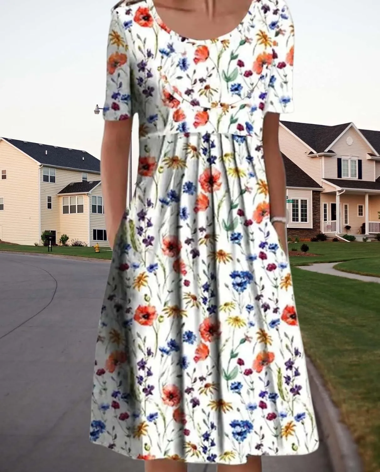 Womens Floral Print Summer Dresses Casual Plus Size Short Sleeve Knee Length Classy Beach Tropical Dress with Pocket