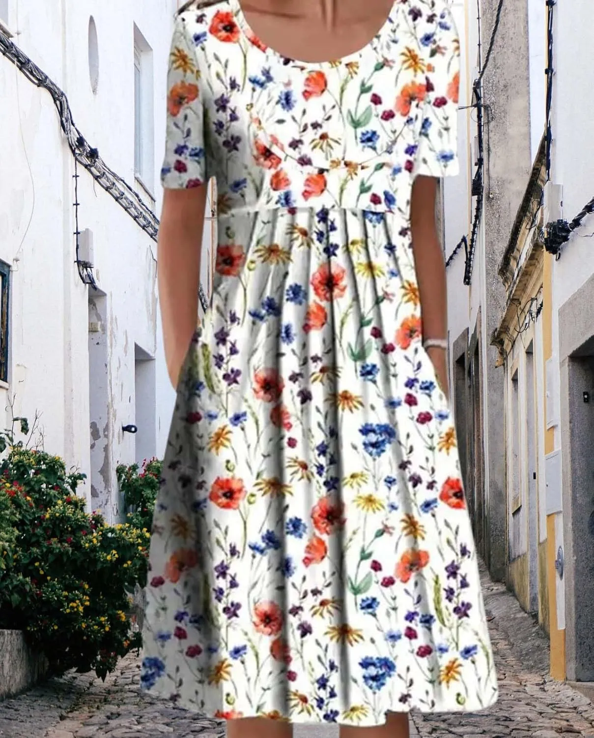 Womens Floral Print Summer Dresses Casual Plus Size Short Sleeve Knee Length Classy Beach Tropical Dress with Pocket