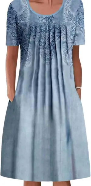 Womens Floral Print Summer Dresses Casual Plus Size Short Sleeve Knee Length Classy Beach Tropical Dress with Pocket