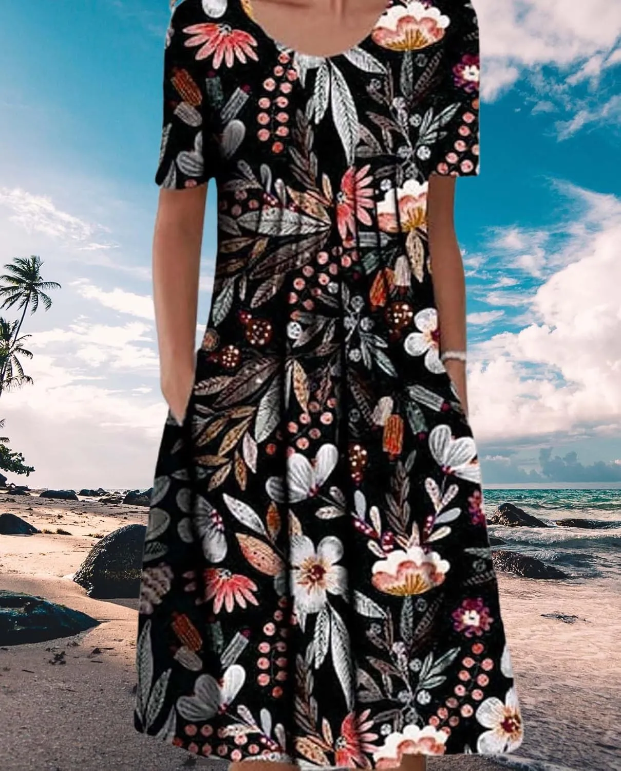 Womens Floral Print Summer Dresses Casual Plus Size Short Sleeve Knee Length Classy Beach Tropical Dress with Pocket
