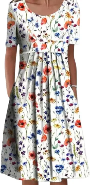 Womens Floral Print Summer Dresses Casual Plus Size Short Sleeve Knee Length Classy Beach Tropical Dress with Pocket