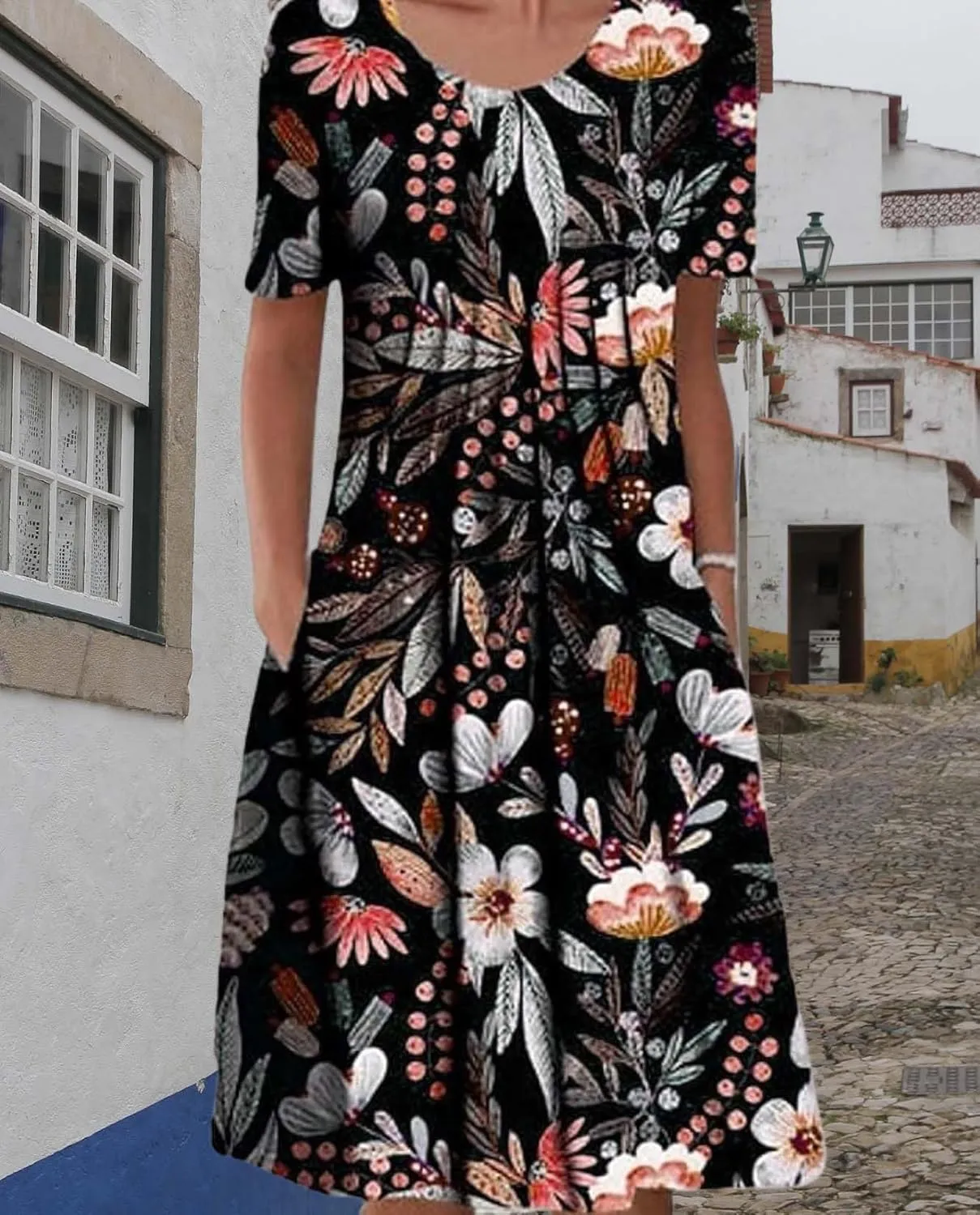Womens Floral Print Summer Dresses Casual Plus Size Short Sleeve Knee Length Classy Beach Tropical Dress with Pocket
