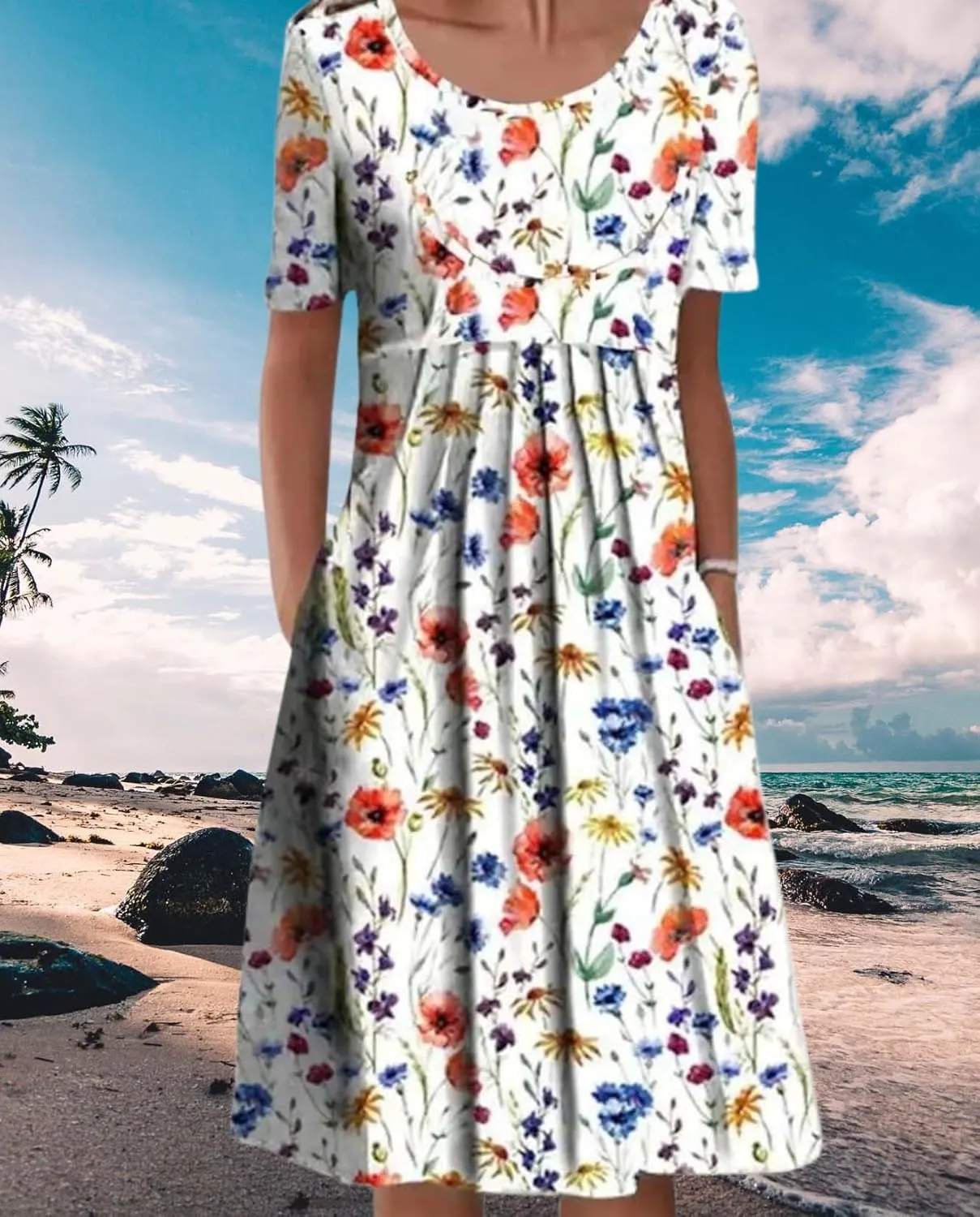 Womens Floral Print Summer Dresses Casual Plus Size Short Sleeve Knee Length Classy Beach Tropical Dress with Pocket