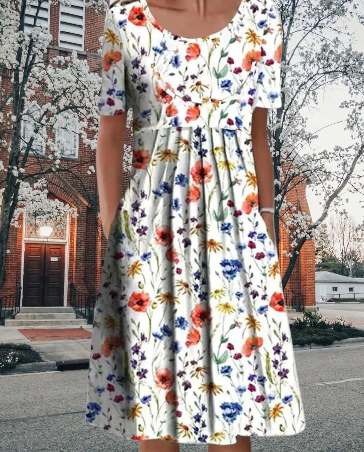 Womens Floral Print Summer Dresses Casual Plus Size Short Sleeve Knee Length Classy Beach Tropical Dress with Pocket