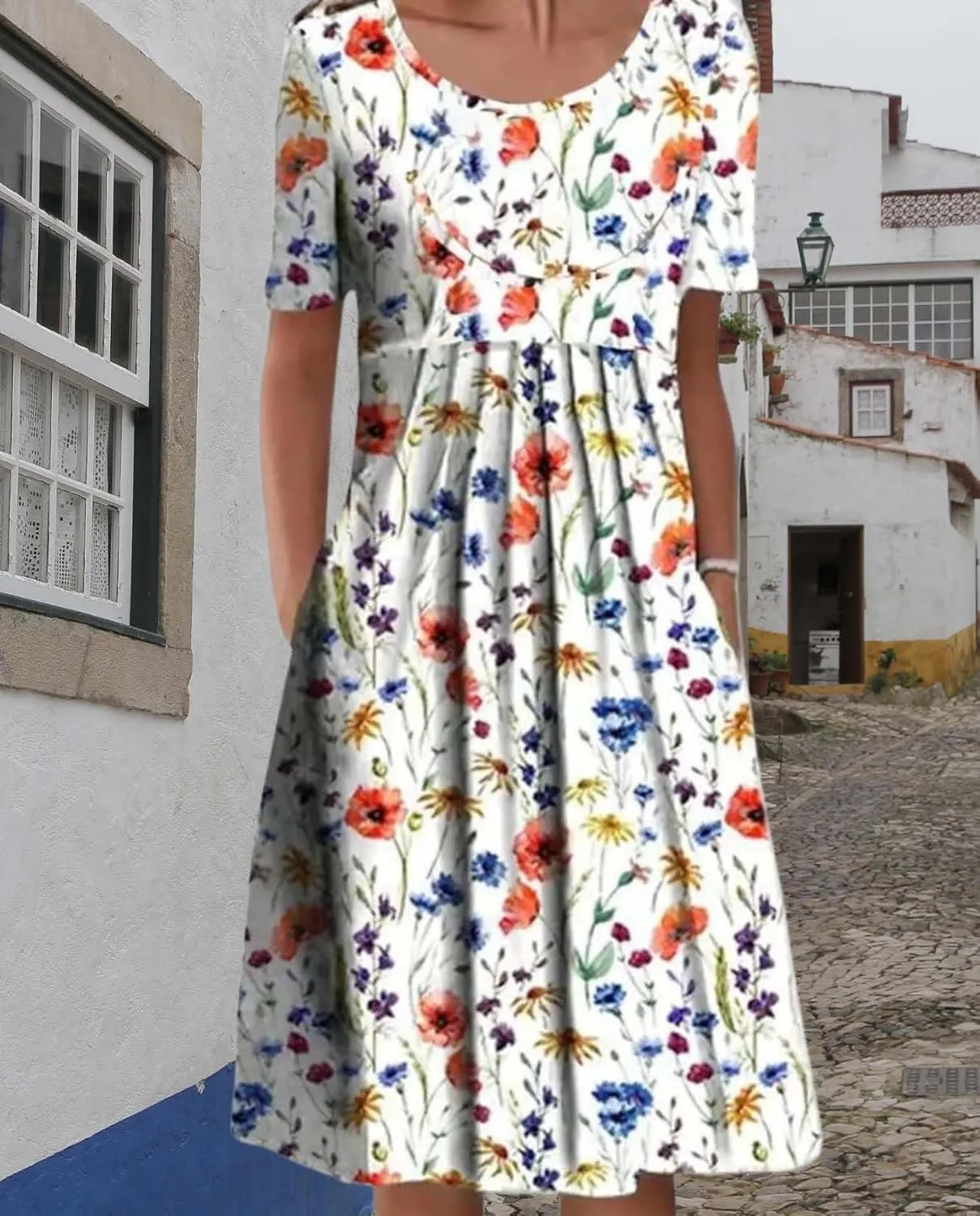 Womens Floral Print Summer Dresses Casual Plus Size Short Sleeve Knee Length Classy Beach Tropical Dress with Pocket