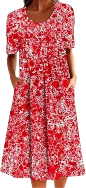 Womens Floral Print Summer Dresses Casual Plus Size Short Sleeve Knee Length Classy Beach Tropical Dress with Pocket